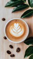 Perfectly crafted latte art in a white ceramic cup placed on a saucer with delicate designs photo