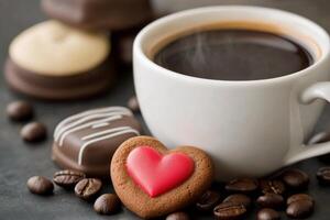 Enjoying heart shaped cookies with coffee and roasted beans on a cozy table setting photo
