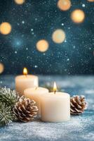 A lit white candle on a sparkly surface with glowing bokeh lights in a cozy evening photo