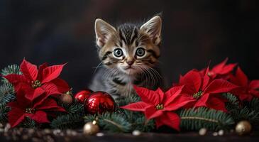 Charming kitten surrounded by festive decorations and poinsettias during the holiday season photo