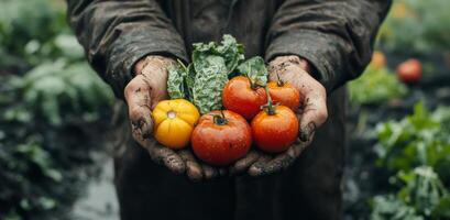granjero participación recién cosechado Tomates y squash en lodoso manos durante otoño temporada foto