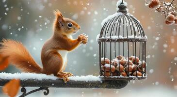 A curious squirrel reaching for hazelnuts in a snowy winter setting near a birdcage photo