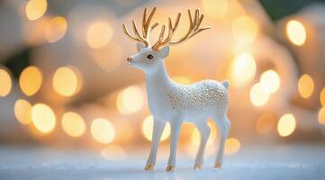 Elegant white deer figurine surrounded by warm festive lights at holiday season photo