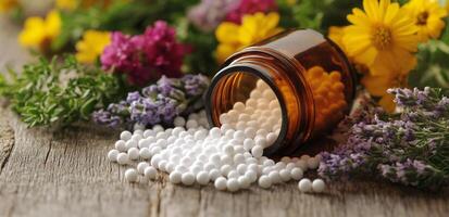 Herbal remedies displayed with homeopathic pellets and fresh flowers on wooden table photo