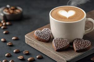 Warm cup of coffee with heart shaped cookies and scattered coffee beans on wooden board photo
