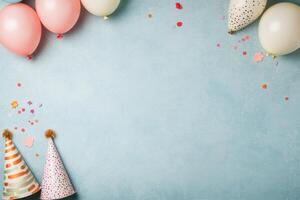 Colorful party decorations with balloons and a festive hat on a light blue background photo