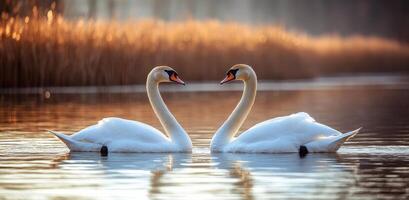 Swans swimming gracefully at sunset in a serene lake surrounded by nature photo