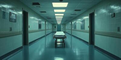 A quiet hospital corridor with an empty stretcher at night in a well lit facility photo