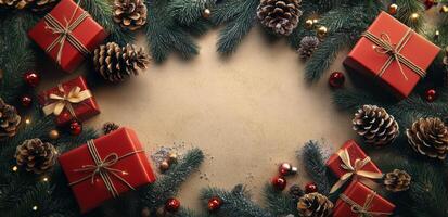 Festive holiday decorations with red gifts, pine cones, and evergreen branches on a light background photo