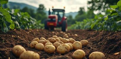 Farmers harvest fresh potatoes in a sunny field with a tractor during the evening golden hour photo