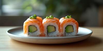Fresh sushi rolls with salmon and toppings arranged on a serving plate in a cozy dining setting photo