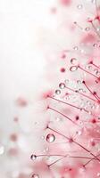 Delicate pink flowers with dewdrops glistening in soft light during a tranquil morning photo
