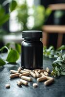 Natural supplements displayed in a modern kitchen with greenery during daylight hours photo