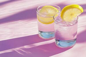 Refreshing lemonade served in glasses by the poolside on a sunny summer day photo