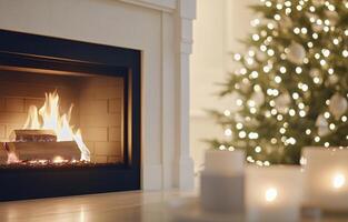 Cozy fireplace with a glowing fire beside a decorated Christmas tree and wrapped gifts photo
