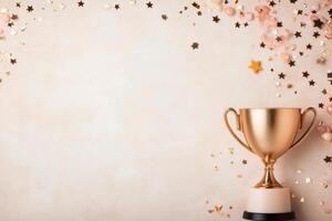 Celebration with a golden trophy and gift box surrounded by glittering stars and ribbons photo