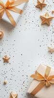 Golden stars and glitter create a festive frame for celebratory decorations on a white background photo