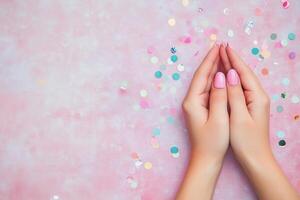 Delicate hands with pastel nail polish amidst shimmering confetti on a soft pink background photo
