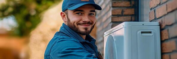 Young man smiling while servicing an air conditioning unit outdoors on a sunny day photo