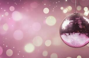 A glittering hand holds a disco ball against a vibrant purple bokeh background at a festive party photo