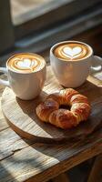 Perfect morning coffee with heart designs and a croissant on a wooden table in sunlight photo