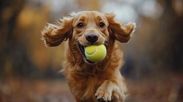Happy dog splashes through water while joyfully chasing a tennis ball on a sunny day photo