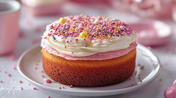 Delicious pink layer cake topped with frosting and colorful sprinkles served on a white plate photo
