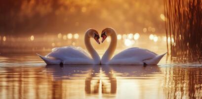 Swans forming a heart shape at sunset by the lake in early spring photo