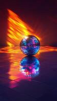 A vibrant disco ball reflecting colorful light patterns at a lively dance party venue photo