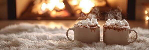 Cozy mugs of hot chocolate topped with marshmallows by a warm fireplace during winter evenings photo