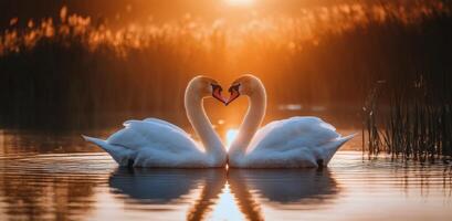 Swans forming a heart shape at sunset by the lake in early spring photo