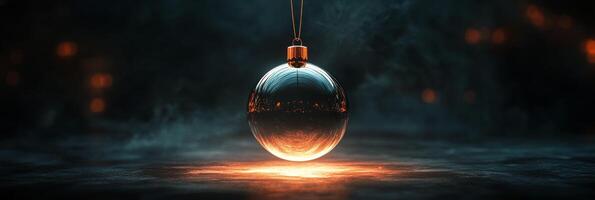 A reflective glass ornament hanging against a dark textured background during the holiday season photo