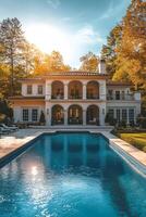 Elegant villa with a pool surrounded by trees during sunset in a serene location photo