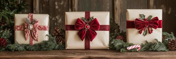 Decorative holiday gifts arranged with pine and candy canes on a rustic wooden table photo