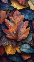 Colorful autumn leaves with water droplets on a textured surface in natural light photo