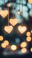 Hanging heart decorations illuminated by warm lights create a romantic atmosphere at dusk photo