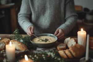A cozy dining setup with warm soup and bread on a rustic wooden table during winter photo