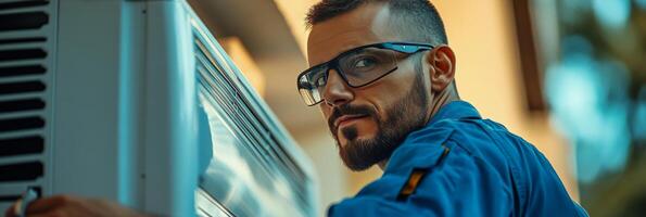 Young man smiling while servicing an air conditioning unit outdoors on a sunny day photo