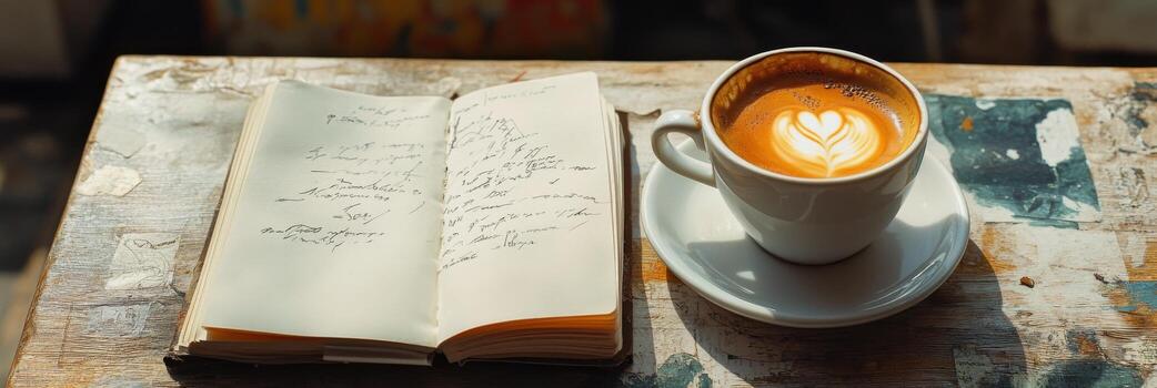 A cozy coffee cup beside an open notebook on a table in a bustling cafe during morning hours photo