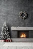 Cozy holiday setting with a decorated tree, fireplace, and festive wreath in a modern room photo