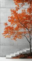 A tranquil autumn walkway surrounded by vibrant red leaves in a modern architectural space photo