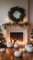 Cozy autumn decor by the fireplace with white pumpkins and elegant candles in a bright room photo