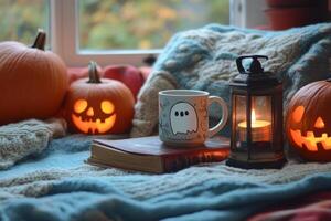 Cozy autumn setting featuring pumpkins and a ghost shaped mug with candles glowing softly photo