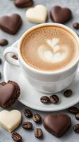 Warm cup of coffee served with heart shaped chocolate on a gray surface with coffee beans photo