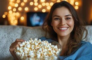 Young woman enjoys a bowl of popcorn while watching a movie at home during the evening photo