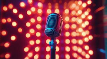 A classic microphone stands in front of vibrant lights during a live music event in the evening photo
