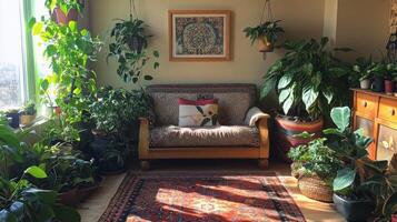 A cozy indoor garden filled with lush greenery in a sunlit living room during the afternoon photo