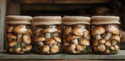 Mushrooms preserved in jars with burlap lids on wooden table in rustic kitchen setting photo