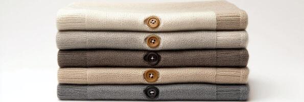 Cozy knitted sweaters stacked neatly with buttons in a warm indoor setting during autumn photo