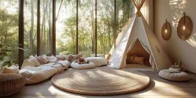 Cozy indoor teepee setup with soft cushions and natural decor in a bright room photo